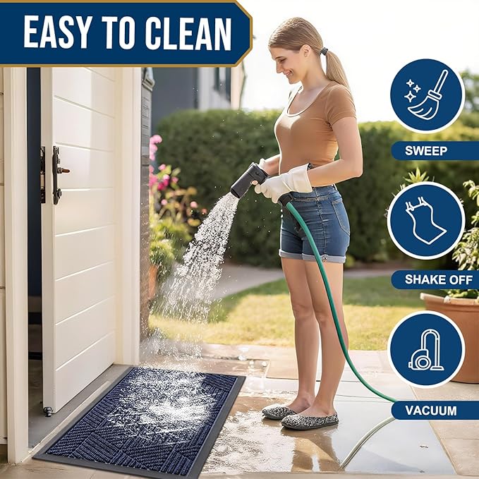 Smiry Front Door Mat Outside Entrance, Heavy Duty Sturdy Natural Rubber Doormat, Trap Dirt and Moisture, Easy Clean Low Profile Mats for Indoor Outdoor Entry, Irregular Triangle (47x24, Navy Blue) - Bloomnest