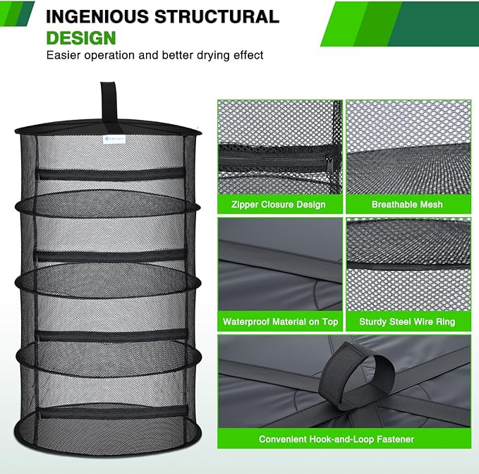 Yesker 4 Layer Herb Drying Rack Hanging Mesh Net Foldable Plant Drying Racks 18" Diameter with Black Zipper & Hook Dryer Hanging Rack for Herbs Seed Bud Fruit Clothes Grow Tent Closets Garden Outdoor - Bloomnest