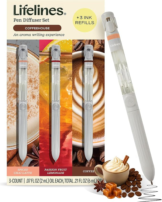 Lifelines Pen Diffuser Set, Coffeehouse 3-Pack - 1mm Black Ballpoint Pens with Scented Essential Oil Blends – Aromatherapy Diffuser & Sensory Immersion Diffuse Aroma As You Write - Bloomnest