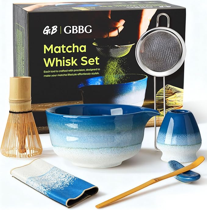 Matcha Whisk Set, Ceramic Matcha Set, Matcha Bowl, Matcha Whisk and Holder, Bamboo Scoop, Scoop Rest, Sifter and Tea Towel - 7 Pcs Matcha Kit for Lovers Family Birthday Gift (Blue) - Bloomnest