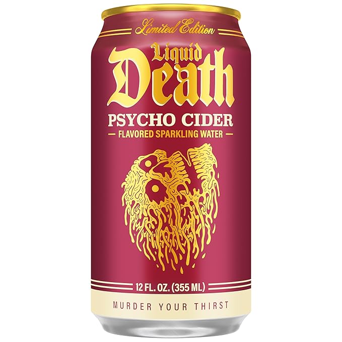 Liquid Death Soda-Flavored Sparkling Water - Psycho Cider (Apple Cinnamon), Less Sugar*, Huge Flavor, No Caffeine, No Artificial Sweeteners, 12 Fl Oz (Pack of 12) - Bloomnest