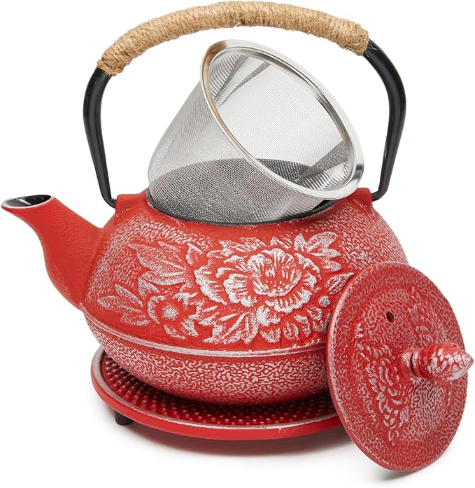 Juvale Japanese Cast Iron Teapot with Infuser - Red, 27 oz (800 ml), 3-Pc Teapot Set - Stovetop Kettle for Loose Leaf Brewing - Removable Stainless Steel Infuser & Trivet Included - Bloomnest
