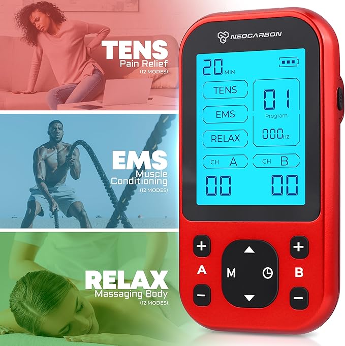 TENS Unit Muscle Stimulator Pro for Back Pain Relief, Shoulder Recovery and Physical Therapy, Electronic EMS Massager Machine with PMS Pulse for Effective Shock Therapy, Red - Bloomnest