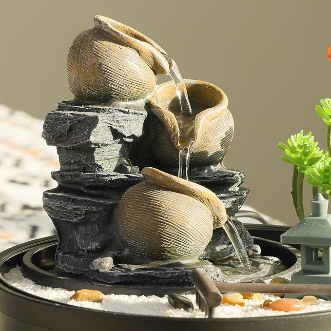 Tabletop Water Fountain with LED Lights & Pagoda, 3 Tiers Crocks Cascading Design,Artificial Flowers, White Stones and Rake, Zen Decor for Office/Living Room/Bedroom/Study (8.5" H)