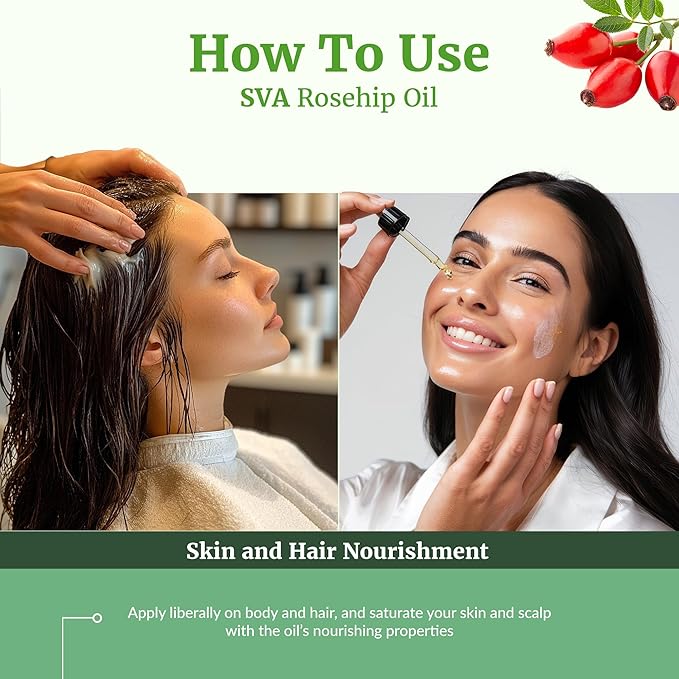 SVA Rosehip Seed Oil - 4 Fl Oz – 100% Natural & Cold Pressed - for Face, Skin Care, Hair Care, Scalp Massage & Body Massage – Carrier Oil with Dropper - Bloomnest