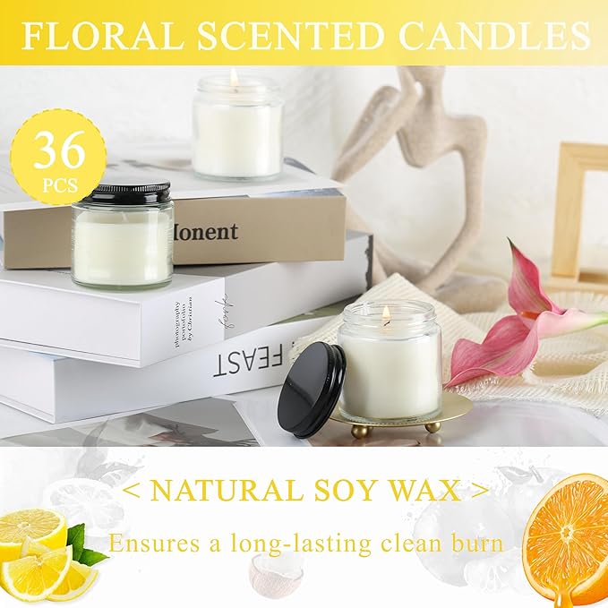 ACITHGL 36 Pcs 4oz Mini Mason Jar Candles Small Scented Candles Bulk Aromatherapy Ideal Souvenir Favors for Wedding Birthday Party (Lemon, Citrus, Coconut Milk, Black) - Bloomnest