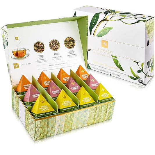 Teabloom Radiant Greens – Organic Green Tea Sampler with 12 Plant-Based Pyramid Sachets, Jasmine Pearls, Minted Mango Peach & Pineapple Ginger, Gift-Ready Presentation Box for Tea Lovers - Bloomnest