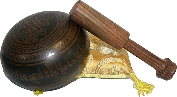 3383 SB Tibetan Auspicious Symbol Singing Bowl Set ~ Mallet Cushion Meditation Chakra Healing Prayer Yoga Mindfulness (SB-3383-D) - Bloomnest