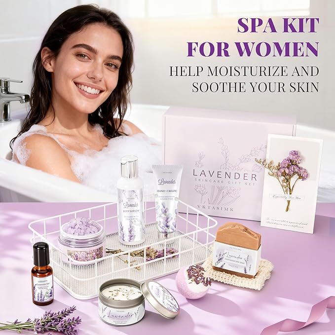 Gifts for Women, Lavender Bath and Body Gift Basket Relaxing Spa Self Care Gift, Mothers Day Gifts Happy Birthday Gift Baskets, Thank You for Mom Her Sister Wife Girlfriend Teacher Friends Friendship - Bloomnest