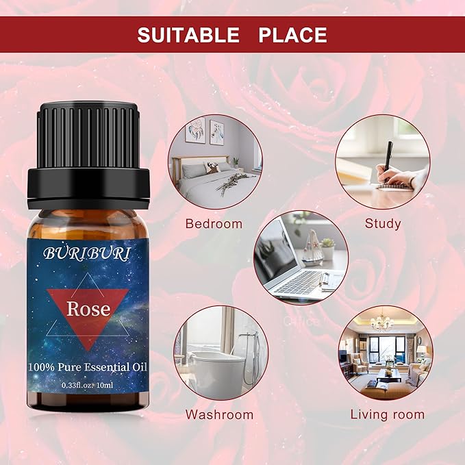 BURIBURI Rose Essential Oil for Diffuser, Massage, Soap, Candle, Perfume Making - 100% Pure, Undiluted, Natural, Organic Aromatherapy - 10ml - Romantic Rose Scented Oil for Women BURIBURI