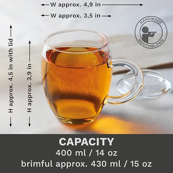 Creano Tea Glass with Infuser and Lid 400ml - Large Tea Cup - Microwave & Dishwasher Safe - Loose Leaf Tea Maker Gift Set - Bloomnest
