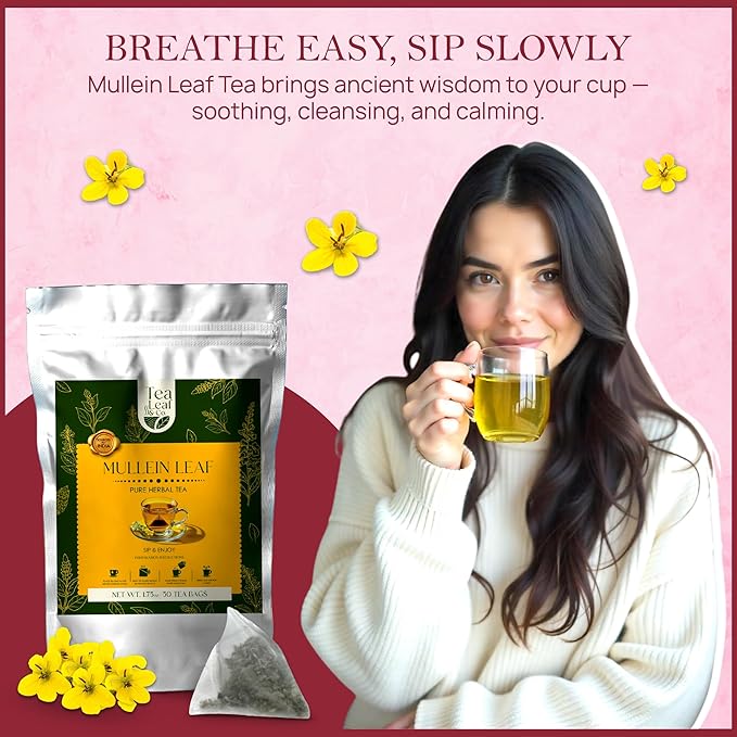 Tealeaf & Co. Mullein Leaf Tea Blended with Fresh Herbs - Pure Herbal Tea Bags with Mullein Leaf Extract - Flavored Herbal Blend - Low Caffeine - Gluten Free - 50 Teabags - Bloomnest