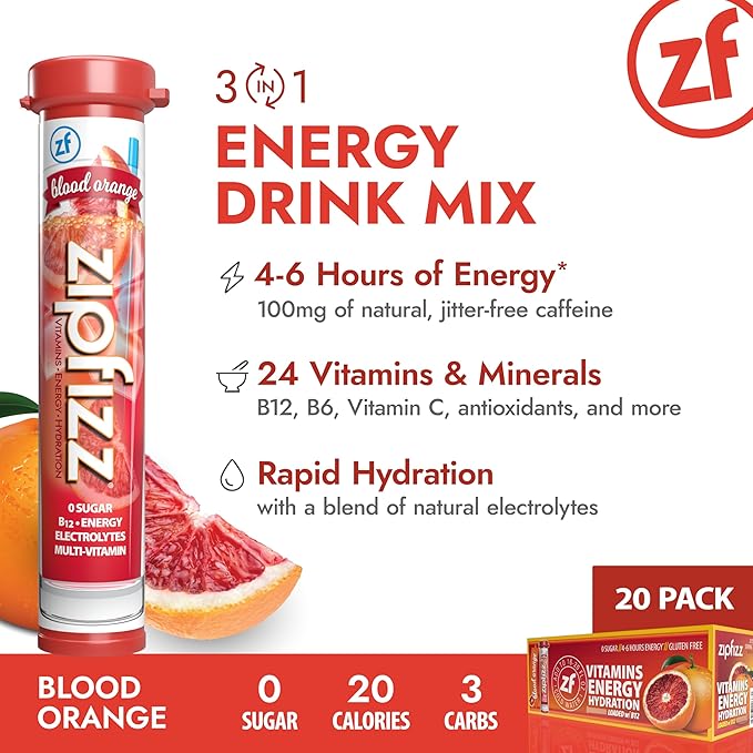 Zipfizz Daily Energy Drink Powder, Blood Orange, 20 Pack | 3-in-1 Sustained Energy, Rapid Hydration, and Essential Vitamins | Sugar-Free | Electrolyte Powder | Contains Vitamin B-12 & Antioxidants - Bloomnest