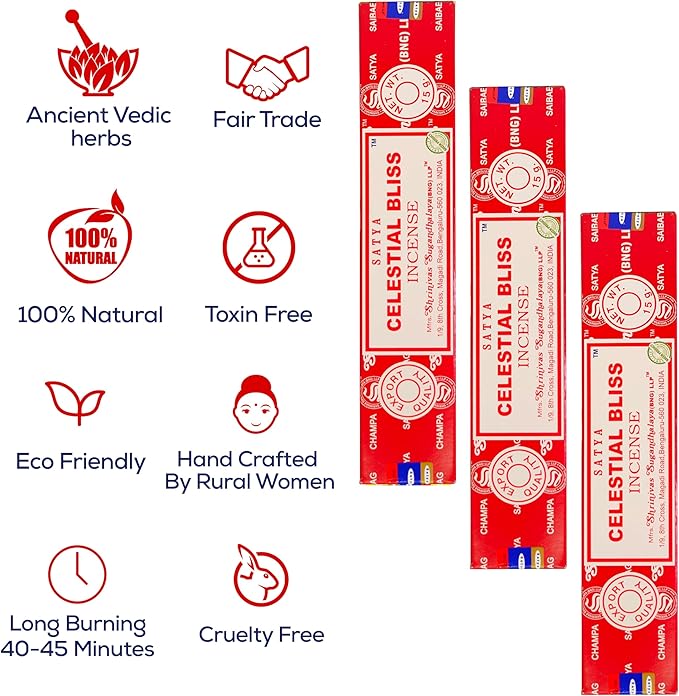Raajsee Satya Celestial Bliss Nagchampa Incense, 15gmx3 Pack (12 Sets, 160 Pieces, 180g) with Raajsee Incense Holder - Bloomnest