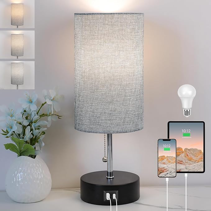 3-Color Temperature Bedside Lamp Nightstand Lamp with USB A Port and C Port, Table Lamp for Bedroom with LED Bulb Small Lamps for Living Room (Gray) - Bloomnest