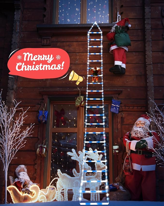 Toodour LED Christmas Lights - 10ft Christmas Decorative Ladder Lights with Santa Claus, Xmas Decorations Light for Indoor Outdoor, Window, Garden, Home, Wall, Xmas Tree Decor - White & Blue - Bloomnest