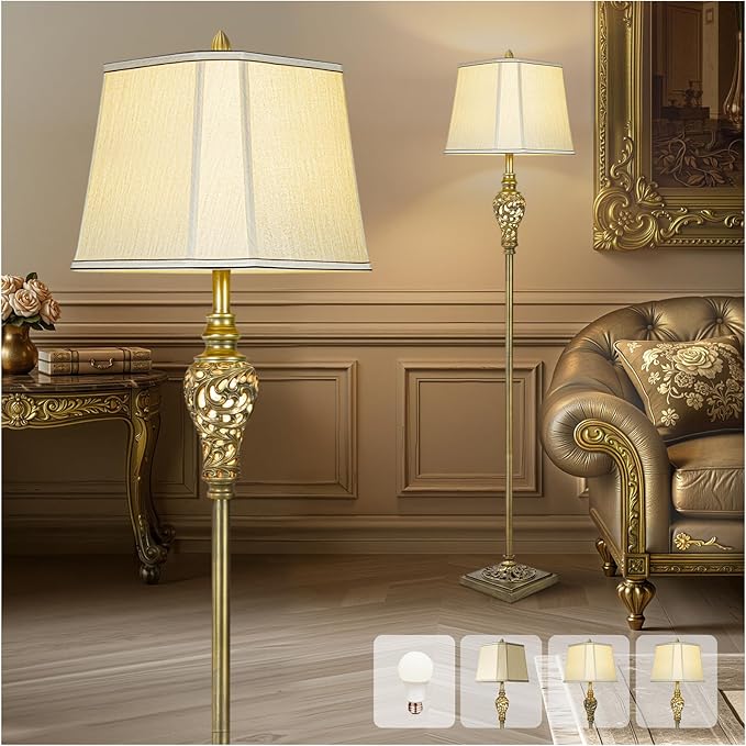 Vintage Floor Lamp for Living Room, 65" Tall Lamp with Nightlight and Beige Faux Silk Shade, Farmhouse Standing Lamp for Bedroom, Office Corner, or Study, Elegant Rustic Home Decor (LED Bulb Included) - Bloomnest