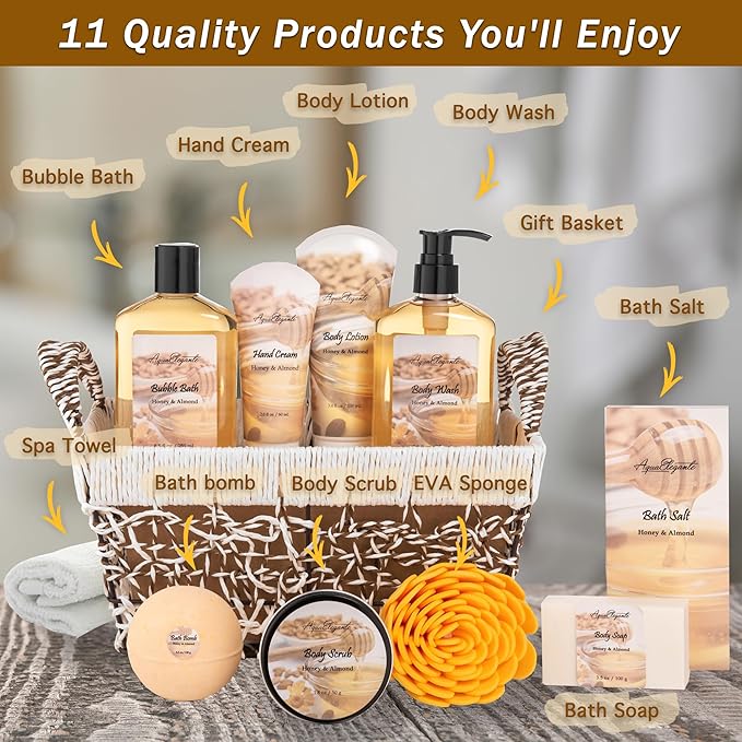 Spa Baskets For Women - Luxury Bath Set With Honey & Almond - Spa Kit Includes Wash, Bubble Bath, Lotion, Bath Salts, Body Scrub, Hand Cream, Shower Puff, Bathbombs, Soap and Towel - Bloomnest