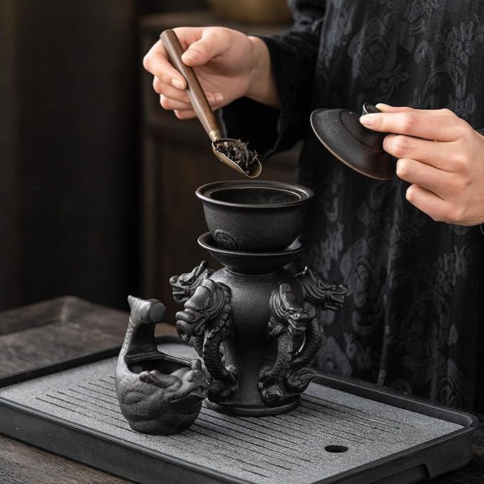 Ceramic Teapot with Infuser Loose Leaf Tea Teapot with 8 cups, Kungfu Tea Sets (Black Dragons) - Bloomnest