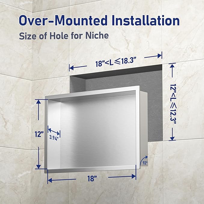 Stainless Steel Shower Niche 18" X 12" Brushed No Tile Needed Niche Shower Recessed Wall Horizontal Niches for Bathroom Storage Over Mount Installation - Bloomnest