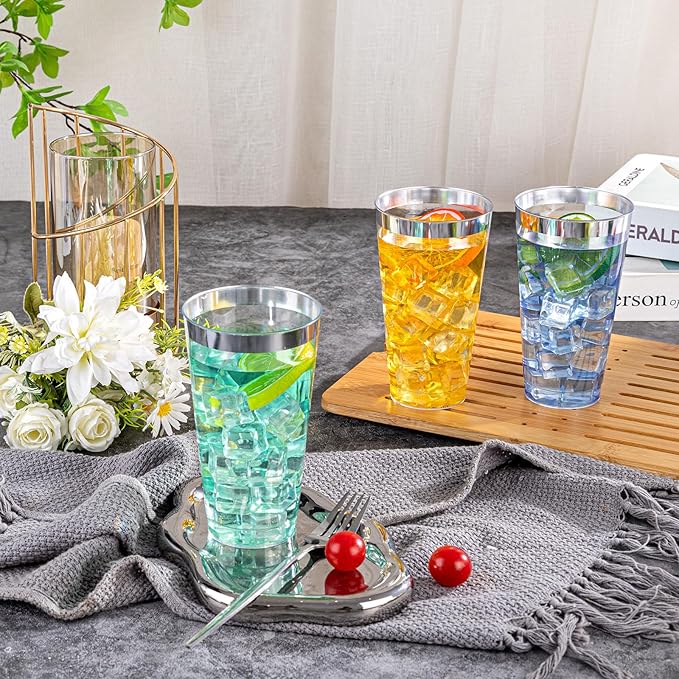 I00000 16 oz Silver Plastic Cups, 100 Pack Clear Plastic Cups,Silver Rimmed Disposable Cup, Heavy-duty Disposable Tumblers Perfect for Party, Holiday, Wedding & Birthday - Bloomnest