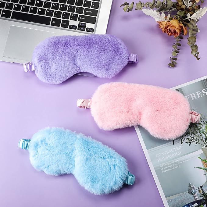 Plush Eye Mask 3 Pcs Sleeping Blindfold - Comfortable Soft Furry Eye Cover for Sleepover Gift Birthday Party Favors (Pink, Purple, Sky Blue) - Bloomnest