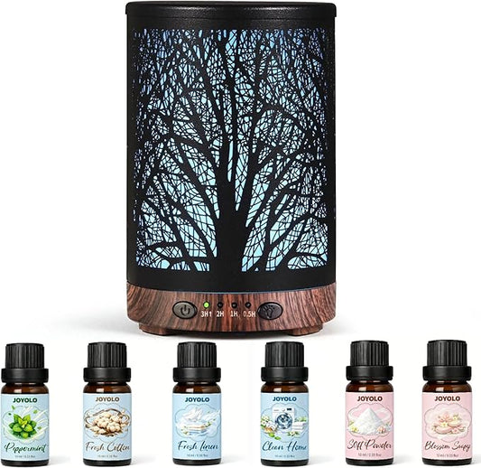 Essential Oil Diffuser & Essential Oils Set, Aromatherapy Diffuser with 7 LED Colors, 6 Oils Gift Pack (Clean Home, Peppermint, Blossom Soapy, Soft Powder, Fresh Cotton, Fresh Linen) - Bloomnest