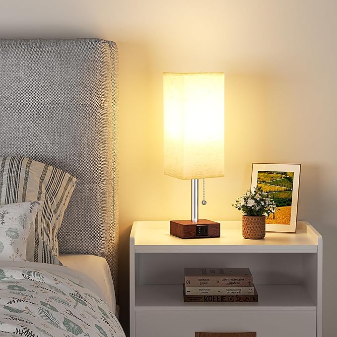 aooshine Red Brown Small Table Lamp for Bedroom - 3 Color Temperature 3000K 5000K 4000K Bedside Lamp, Pull Chain Control, USB A and C Ports, Pure Gold Color Base, Bulb Included - Bloomnest