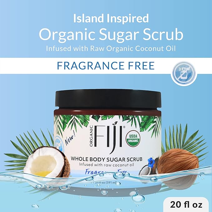 Organic Fiji Whole Body Scrub - Infused with Coconut Oil, Exfoliating Sugar Scrub for Smooth and Soft Skin, Exfoliates & Restores Skin's Natural Biosphere, Fragrance Free 20 oz