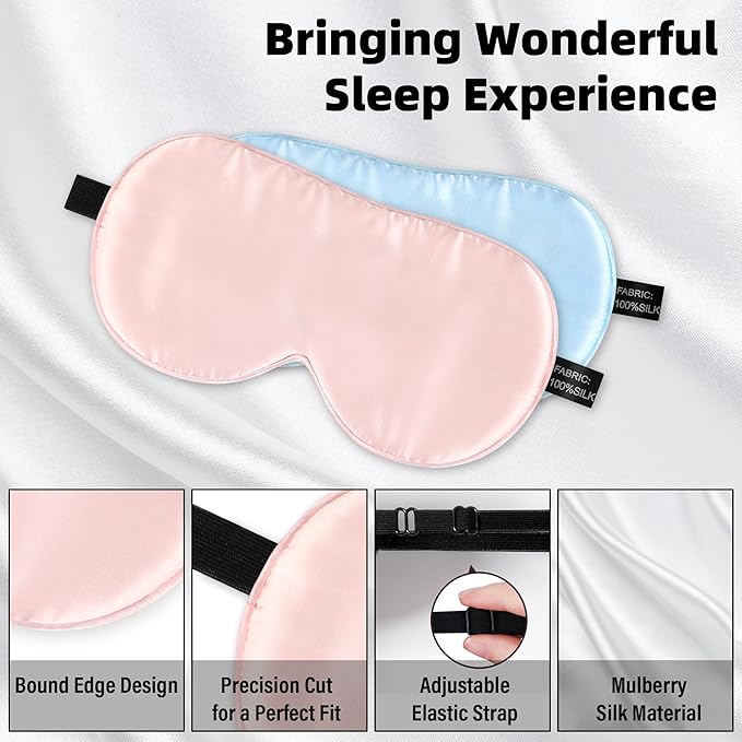 Silk Sleep Eye Mask for Kids, 100% Real Natural Pure Silk Sleeping Masks, Blindfold Sleep Eye Cover with Adjustable Strap, Soft & Lightweight Night Eyeshade for Boys Girls Teens (2 Pack)