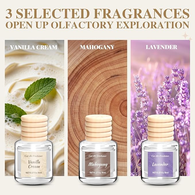 Car Air Freshener 6 Pack, Vanilla Cream,Mahogany & Lavender 3 Natural Scent, Long Lasting Essential Oil Fragrance Diffuser, Hanging Air Freshener Cute Car Accessories Interior for women - Bloomnest