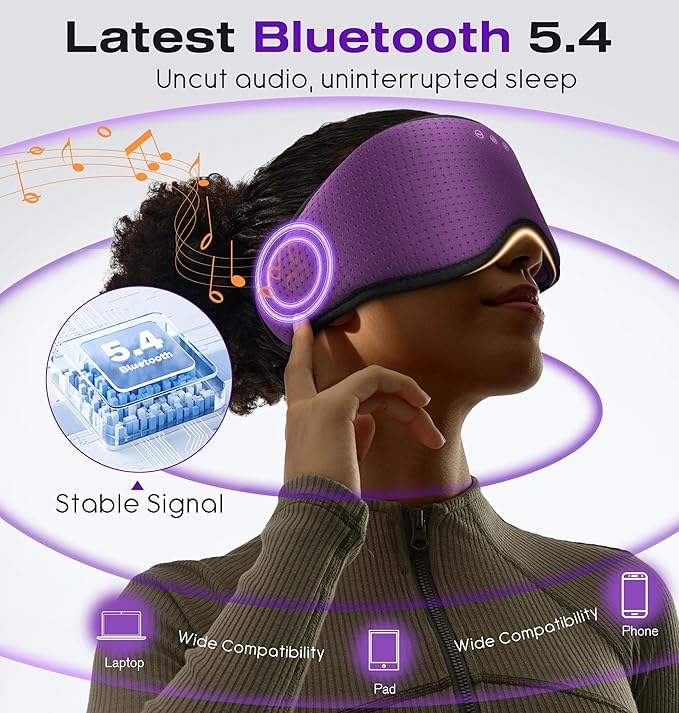 MUSICOZY Sleep Headphones with Bluetooth 5.4 Sleep Mask, Removable 3D Eye Cups for Zero Pressure Comfort, Wireless Bluetooth Eye Mask for Sleeping with Timer - Bloomnest