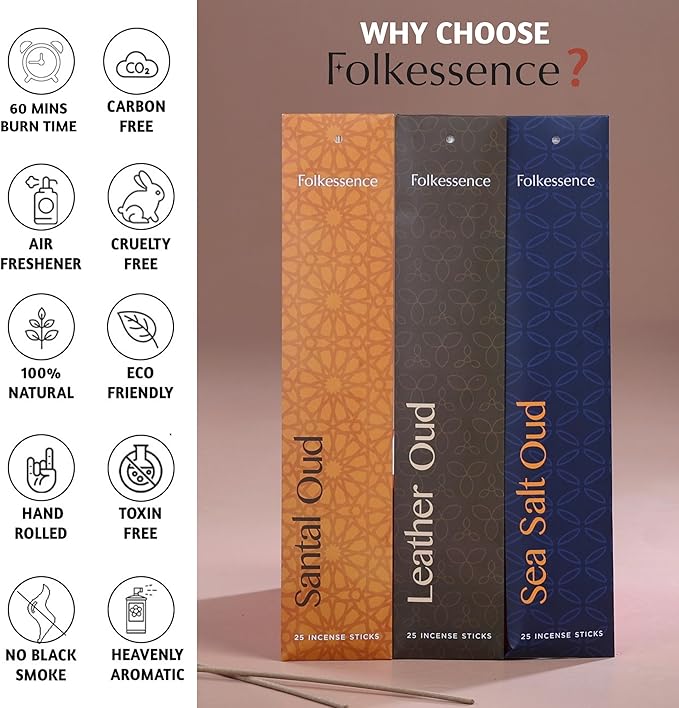 Folkulture Incense Sticks (100 Sticks) | Set of 4 (11') Premium Incense for Prayer, Aromatherapy | No Charcoal, Organic, Non Toxic, 60 Mins, Long Burning Orchid, Leather Oud, Sea Salt Insence-Sticks FOLKULTURE