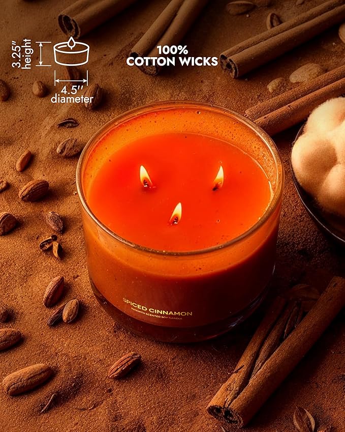 96NORTH Luxury Spiced Cinnamon Candle | Large 3 Wick Jar Candle | Up to 50 Hours Burning Time | 100% Natural Soy Wax | Relaxing Aromatherapy Aesthetic Candles | Housewarming Gift for Men and Women - Bloomnest