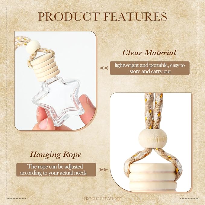 BBTO 50 Pcs Hanging Car Air Freshener Car Diffuser Bottles Empty Glass Perfume Bottle Freshener Diffuser Bottle Pendant for Essential Oil Fragrance Aromatherapy Bottle Ornament(Star) - Bloomnest