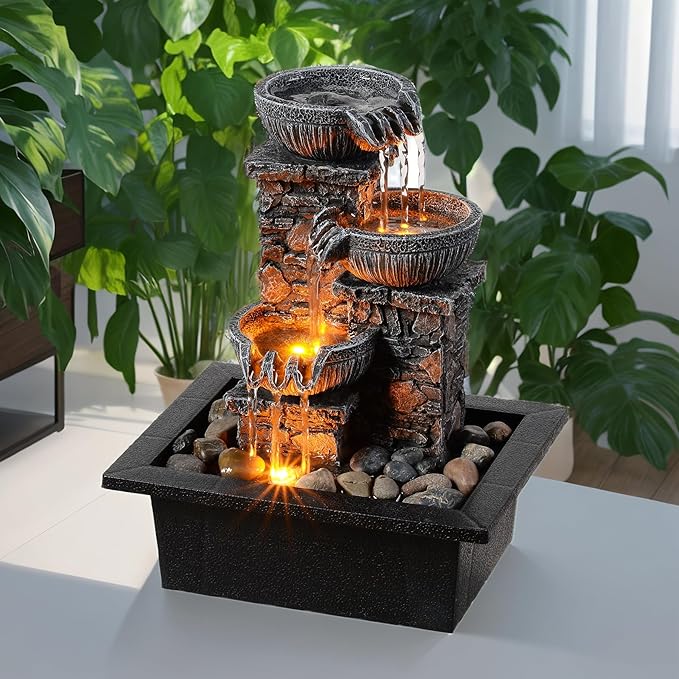 Kalona Tabletop Fountain 3 Bowls with LED Light Soothing Water Flowing Sound Fountain Zen/Meditation Home/Office Decor Home Décor Relaxation Indoor (23113) - Bloomnest