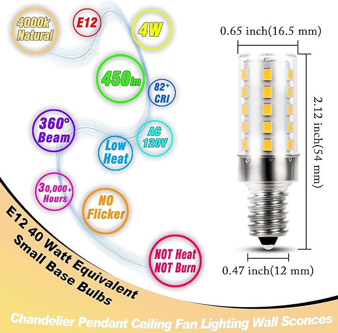 E12 T6 C7 40 Watt Equivalent LED Bulbs 4000K Natural White 450lm 4W 120Volt E12 Small Base LED Candelabra Bulb for Ceiling Fan Pendant Chandelier Lighting Wall Sconces, Non-Dimmable, 4 Pack - Bloomnest