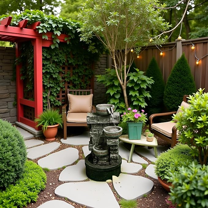 Cheng Pin Water Fountain Outdoor - 28 Inch Tall Cascading Bowls and Stacked Stones Design, Create Relaxing Waterfall Flow Water Feature for Outside Garden, Patio, Backyard - Bloomnest