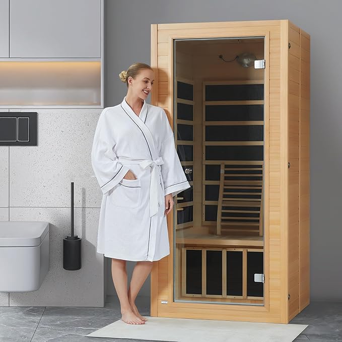 Real Relax 1 Person Infrared Sauna, Indoor Near Zero EMF Canadian Hemlock Wood Sauna with 1400W, 9 Chromo Therapy Lights, Oxygen Lonizer, Bluetooth, LCD Control Pannel for Home Spa Days RealRelax