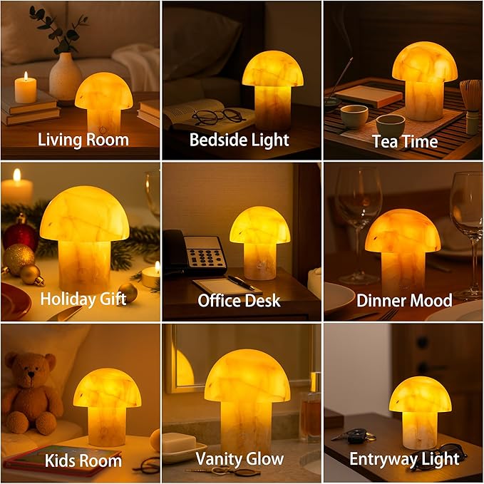 Marble Touch Table Lamp 4.3" x 4.7" – Natural Onyx Mushroom LED Night Light, Rechargeable Soft Glow Stone Bedside Lamp for Meditation, Yoga, Bedroom, Entryway Decor - Bloomnest