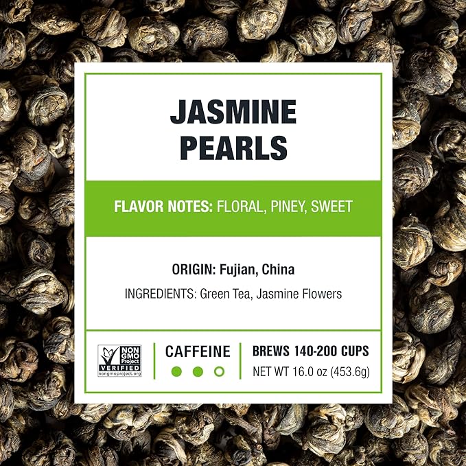 Tiesta Tea - Jasmine Pearls Green Tea, Loose Leaf, Single Origin Premium Jasmine from China, Pure Unblended Medium-Caffeinated Blend, Makes Hot or Iced & Up to 200 Cups, 16oz Resealable Bulk Pouch - Bloomnest