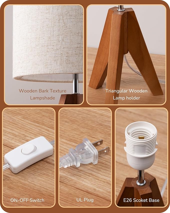 EDISHINE Tripod Table Lamp, Small Cute Bedside Lamp with Linen Beige Lampshade, Nightstand Lamp for Nursery, Bedroom, Kid Room, Living Room, Light Brown Wooden Base, E26 Socket, 14.2 Inch - Bloomnest