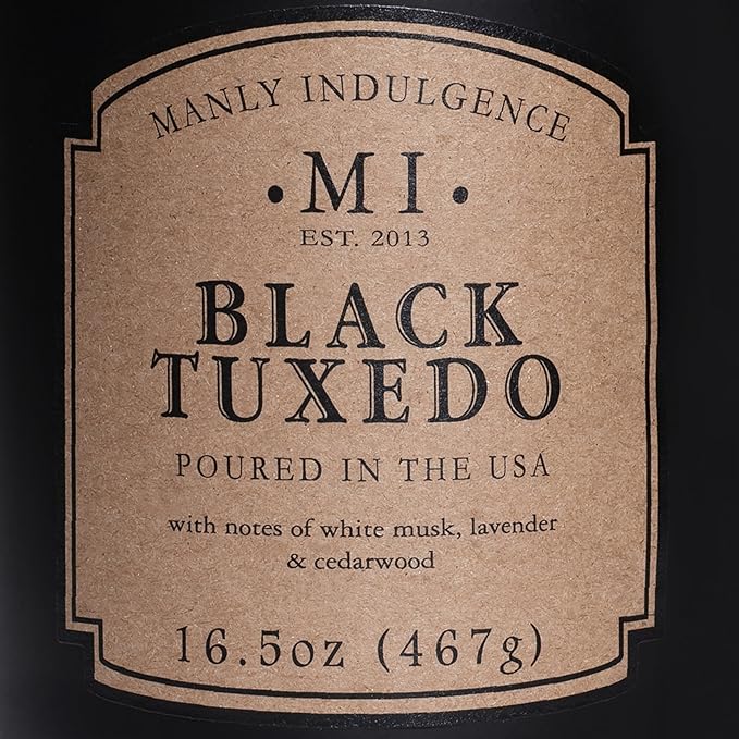 Manly Indulgence Black Tuxedo Jar Candle 16.5 oz - White Musk, Lavender, Cedarwood, Jasmine & Earthy Orris - Up to 60 Hour Burn - Soy Blend Wax, USA Poured - Bloomnest