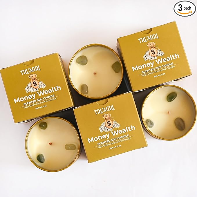 Money Wealth - Crystal Candles for Home Scented - Pack of 3 x 5oz Soy Wax Natural Clean Organic Non Toxic with Essential Oils - for Cash Luck Manifestation - Long Lasting Candel TRUMIRI