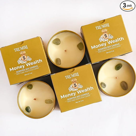Money Wealth - Crystal Candles for Home Scented - Pack of 3 x 5oz Soy Wax Natural Clean Organic Non Toxic with Essential Oils - for Cash Luck Manifestation - Long Lasting Candel TRUMIRI