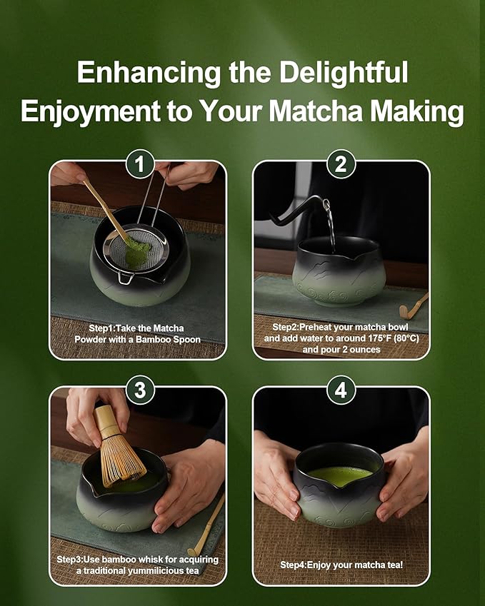 ZENS Matcha Whisk Set, Matcha Kit Set with Bowl and Bamboo Whisk, 304 Sifter, Scoop, (Chasen Holder) -Tea Mat, 6pcs Matcha Set for Latte-Making, Sage Green - Bloomnest