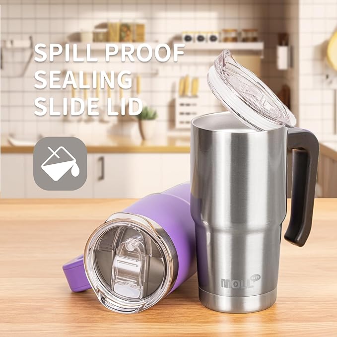 Insulated Tumbler with Handle 16 oz Stainless Steel Double Wall Vacuum Tumbler Cups Travel Coffee Mug with Lid and Straw(Silver) - Bloomnest