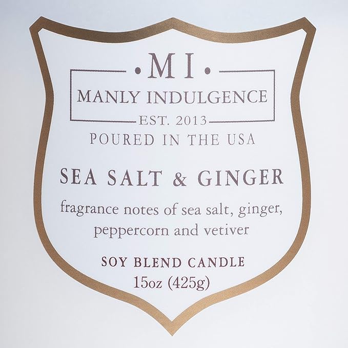 Manly Indulgence Sea Salt & Ginger Scented Candles for Men, 15 oz Wooden Wick, Premium Soy Blend Wax, 60H Burn, Candles for Home Scented - Made in The USA - Bloomnest