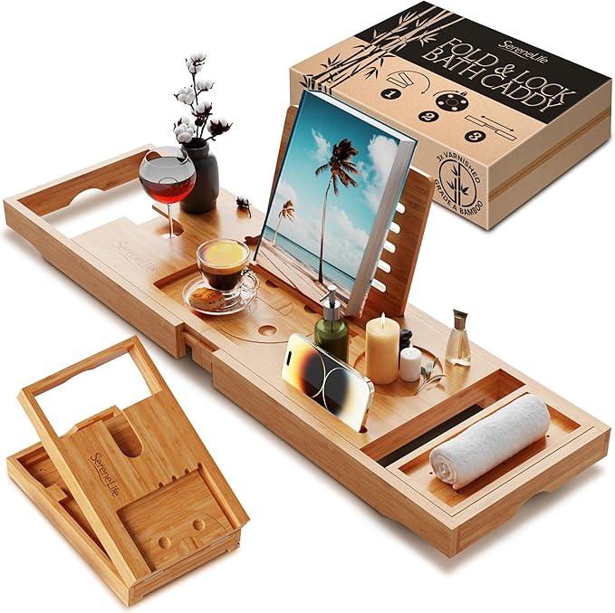 SereneLife Premium Bathtub Tray Caddy with Gift Box and Bow Set, Expandable Bath Tray, Unique House Warming Gifts for Mom, Women, Wedding, Anniversary, Bridal Shower, Fit for All Tub - Classic - Bloomnest