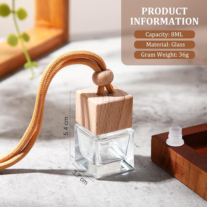 Rtteri 100 Pcs Hanging Car Air Freshener Diffuser Bottles Empty Glass Perfume Diffuser Vials Refillable Oil Aromatherapy Pendant with Wooden Caps and Hanging String for Car Home Office Decor(Square) - Bloomnest